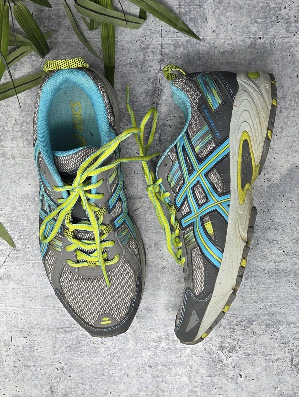 Asics Gel Venture 5 Gray Teal Yellow Sneakers Athletic Running Shoes Size 9.5